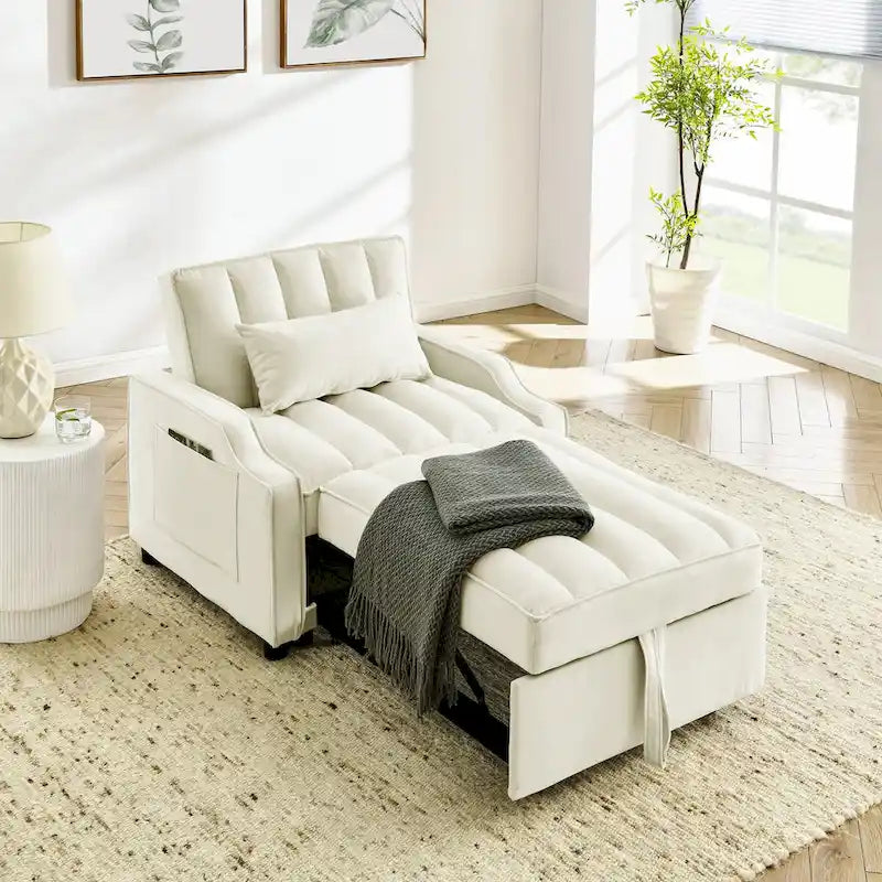 Poltrona estraibile in velluto blu/beige – Convertibile 3 in 1, Singola