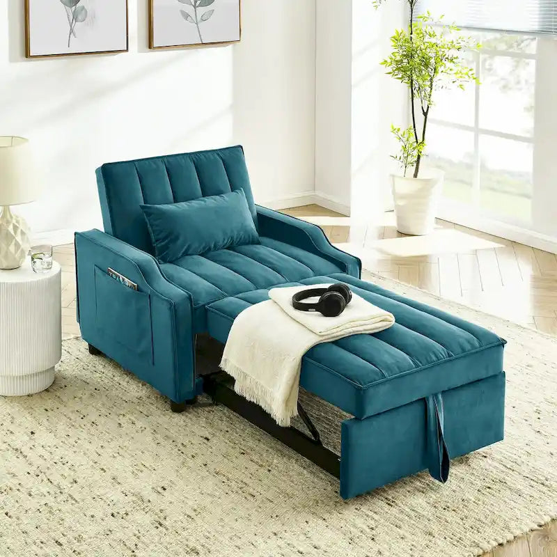 Poltrona estraibile in velluto blu/beige – Convertibile 3 in 1, Singola