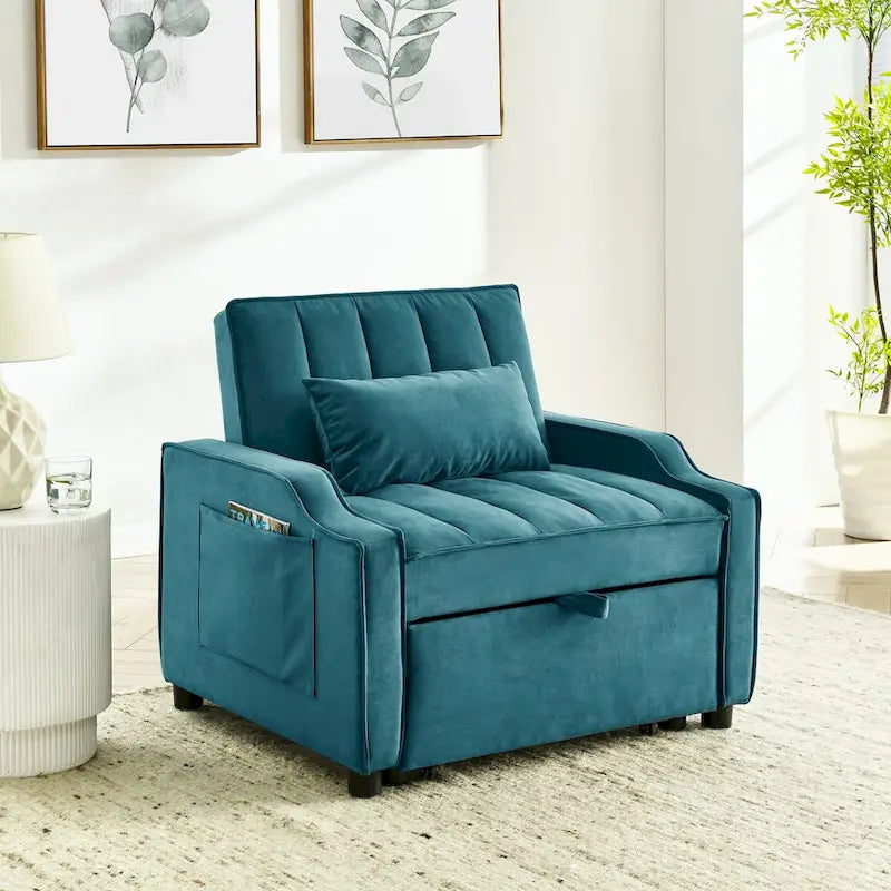 Poltrona estraibile in velluto blu/beige – Convertibile 3 in 1, Singola