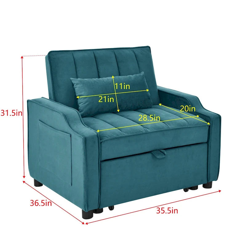 Poltrona estraibile in velluto blu/beige – Convertibile 3 in 1, Singola