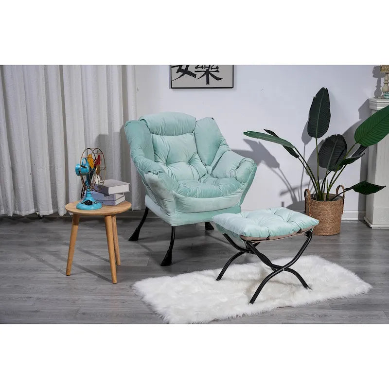 Poltrona con Pouf e Poggiapiedi, con Struttura in Acciaio, Posto Singolo, Verde/Blu/Grigio