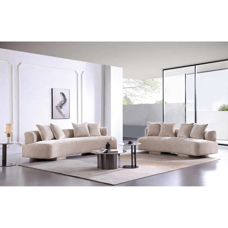 Set divani arrotondati in ciniglia beige/verde oliva, 2 pezzi