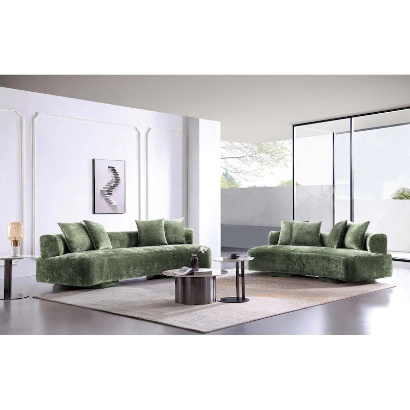 Set divani arrotondati in ciniglia beige/verde oliva, 2 pezzi