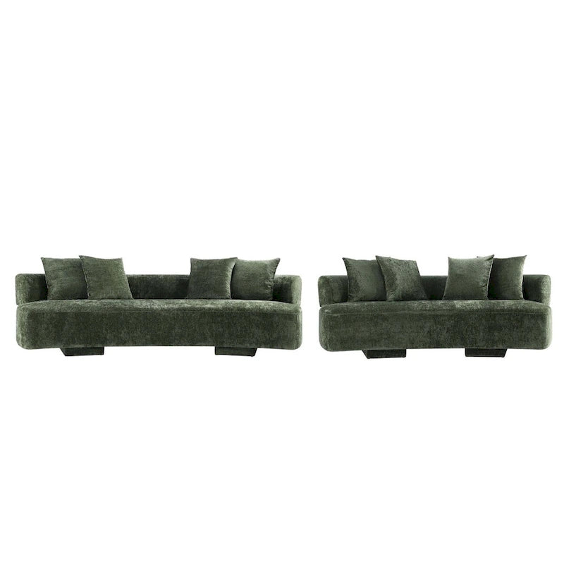 Set divani arrotondati in ciniglia beige/verde oliva, 2 pezzi