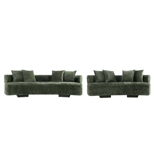 Set divani arrotondati in ciniglia beige/verde oliva, 2 pezzi