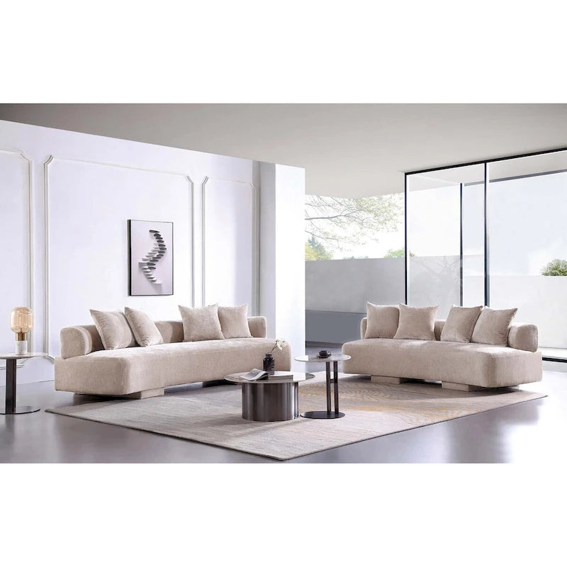 Set divani arrotondati in ciniglia beige/verde oliva, 2 pezzi