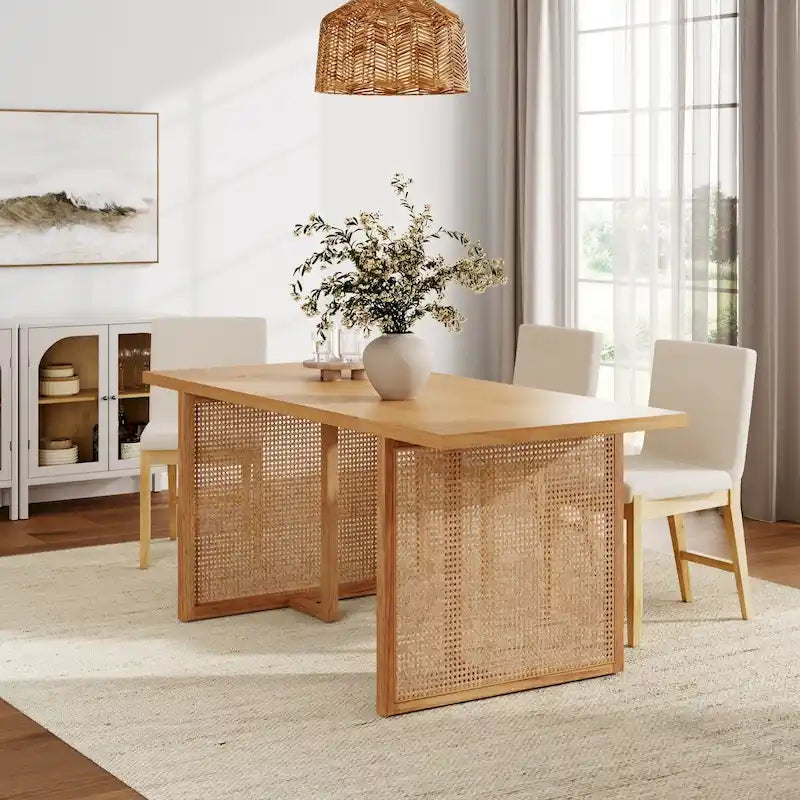 Tavolo da pranzo Warm Pine Boho, dettagli in rattan, 6 posti a sedere