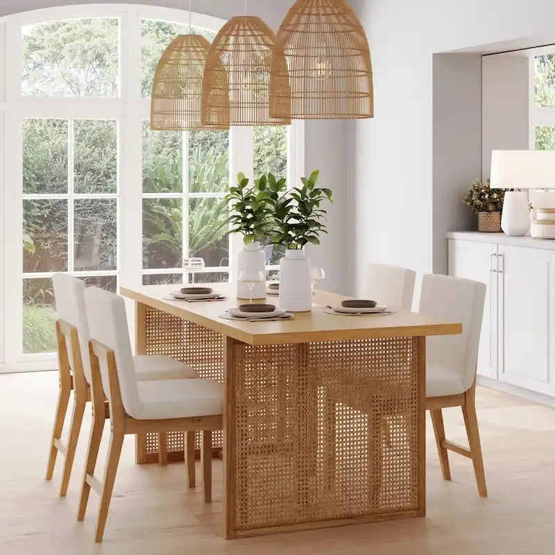 Tavolo da pranzo Warm Pine Boho, dettagli in rattan, 6 posti a sedere