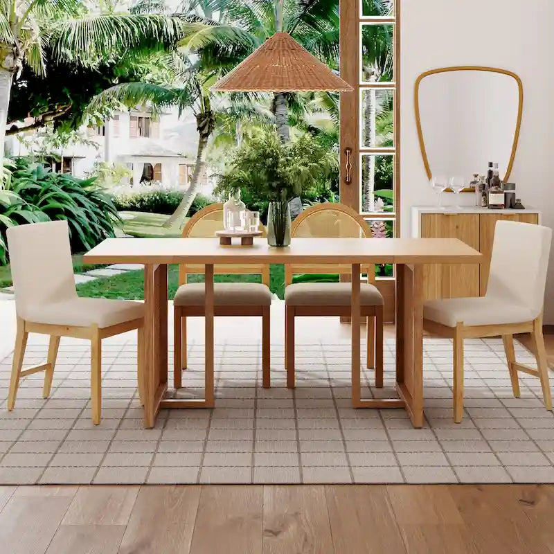 Tavolo da pranzo Warm Pine Boho, dettagli in rattan, 6 posti a sedere
