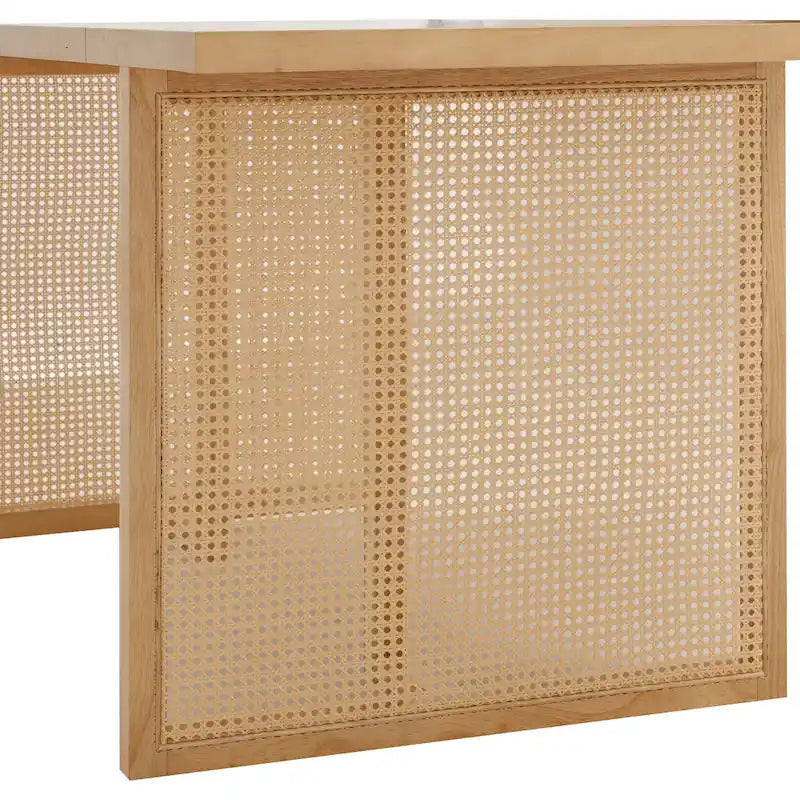 Tavolo da pranzo Warm Pine Boho, dettagli in rattan, 6 posti a sedere