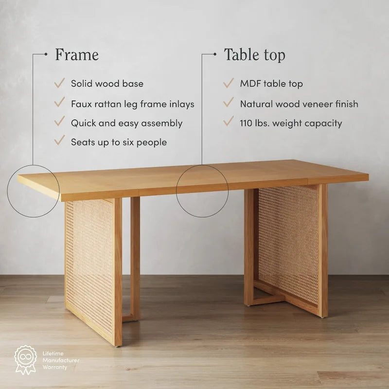 Tavolo da pranzo Warm Pine Boho, dettagli in rattan, 6 posti a sedere